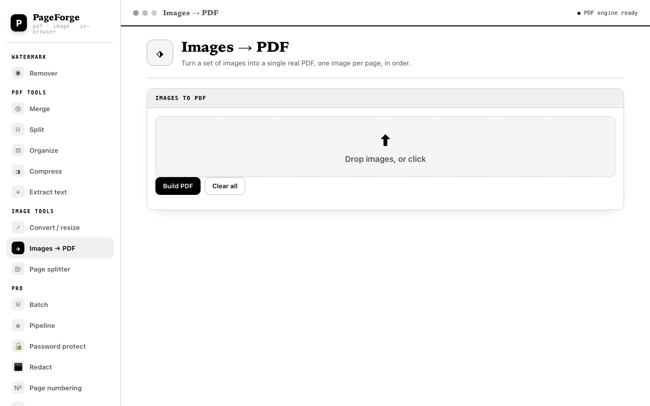 PageForge images to PDF interface