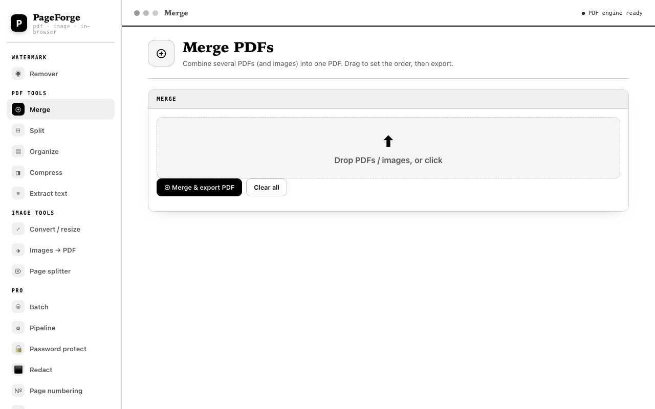 PageForge merge PDFs interface