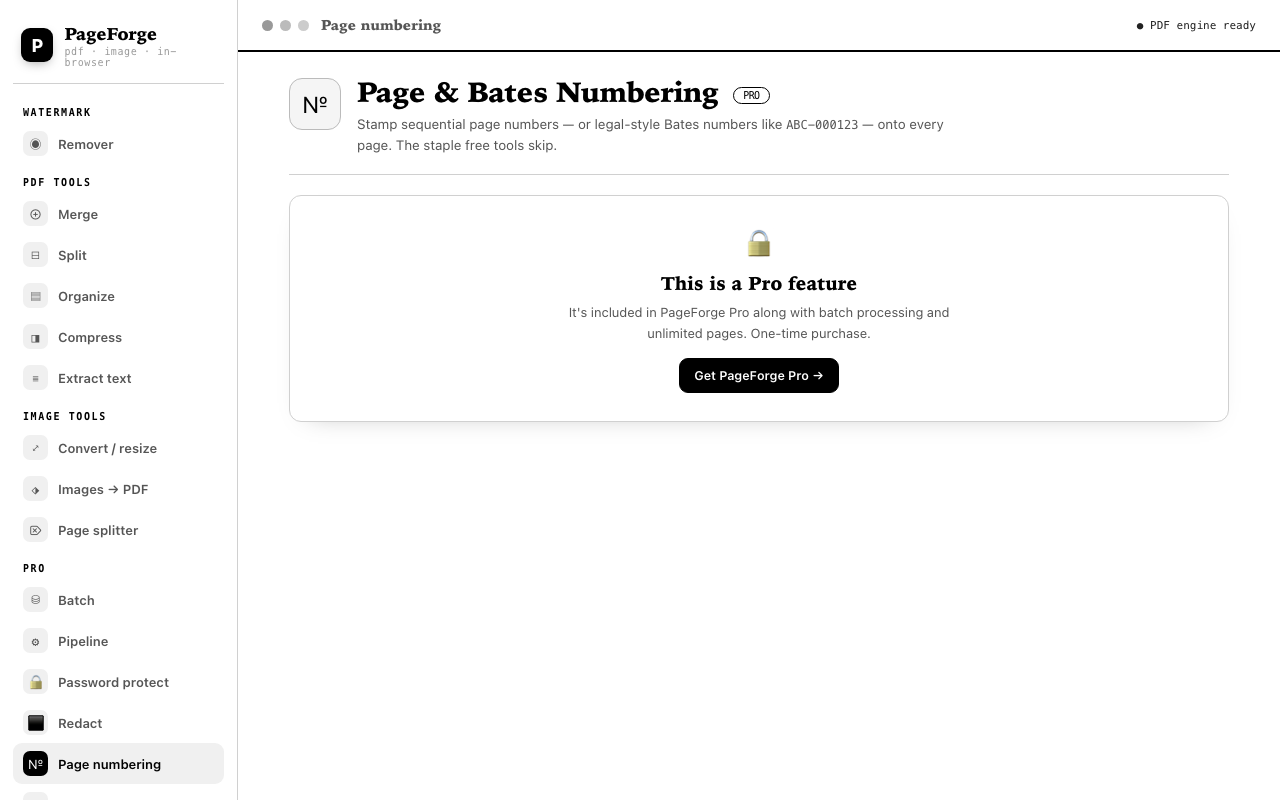 PageForge page numbering interface