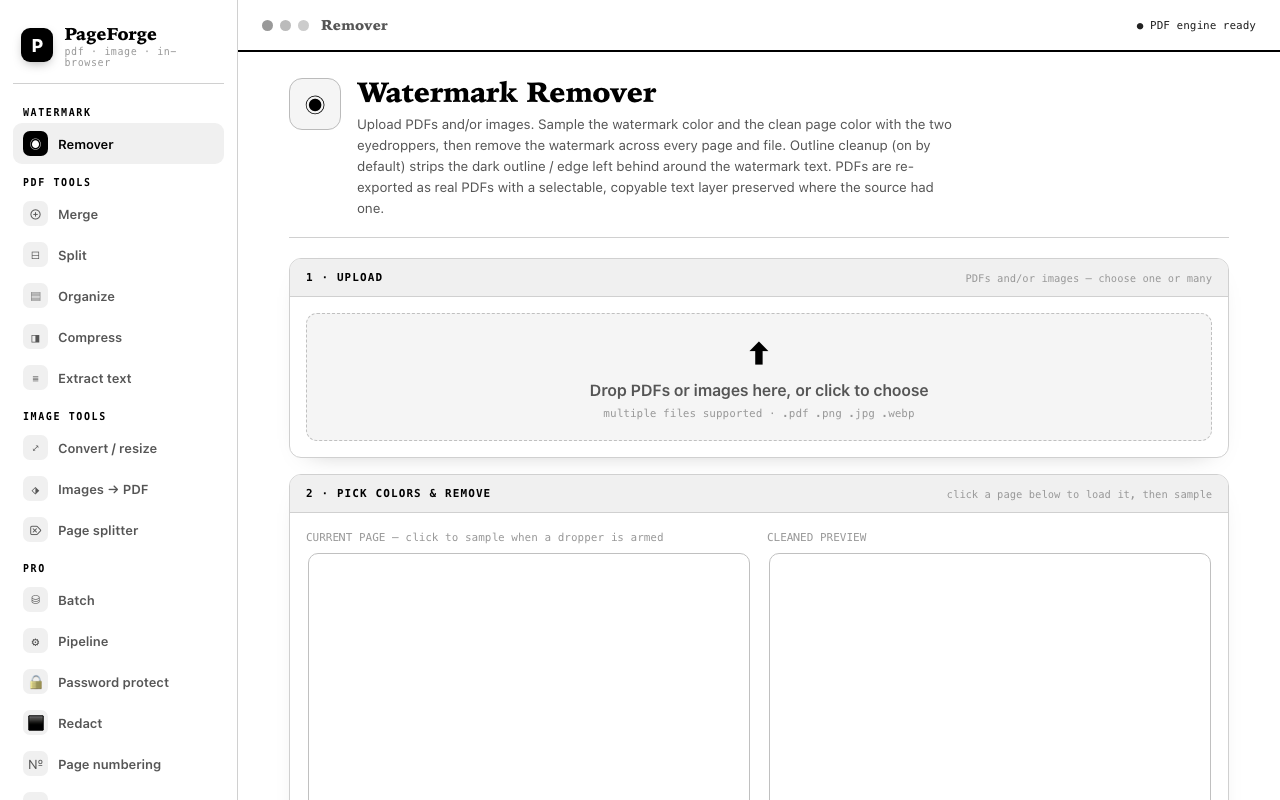 PageForge watermark remover interface