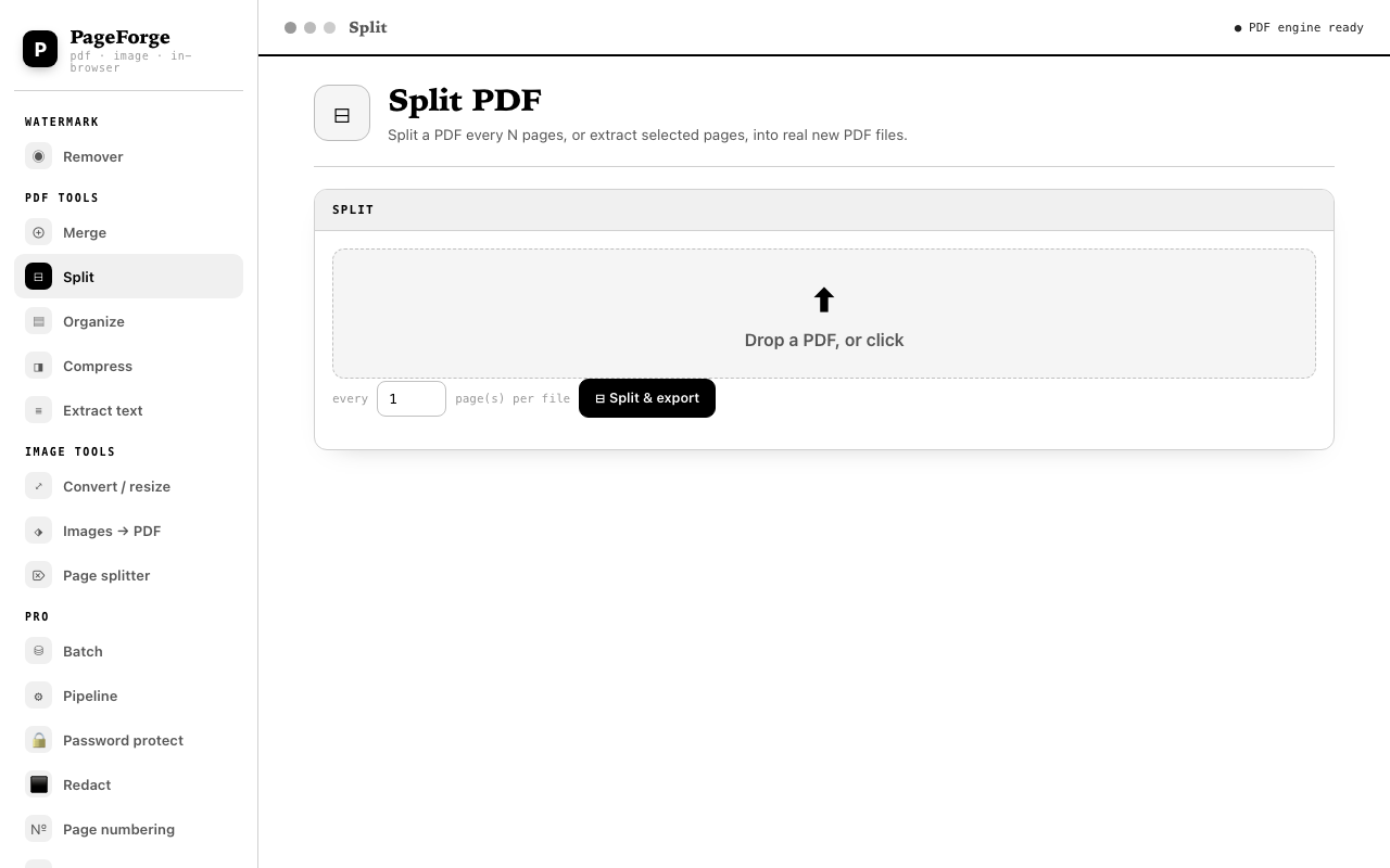 PageForge split PDFs interface